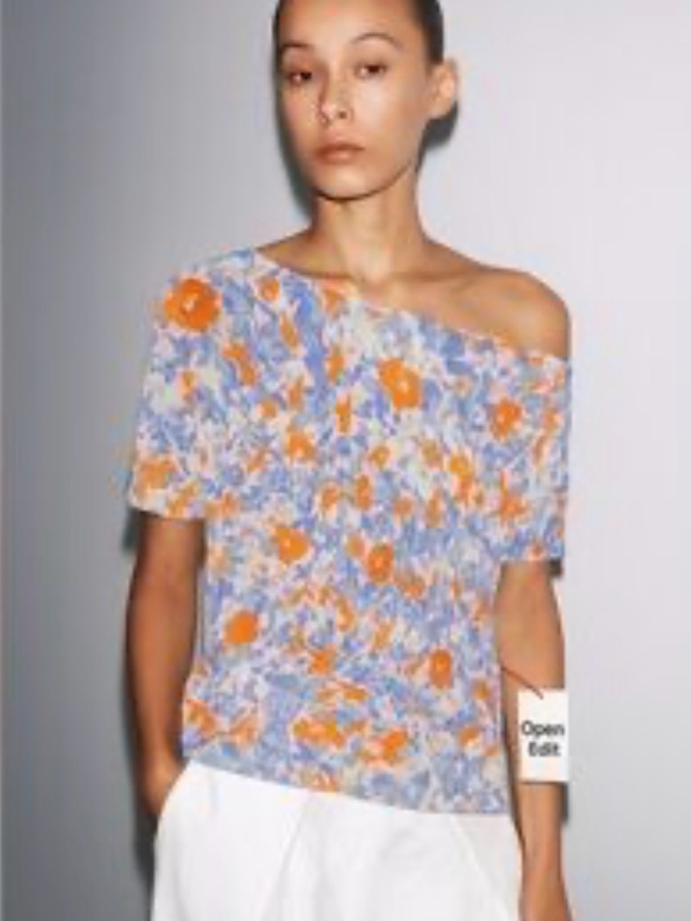 One-Shoulder Floral Blouse in Blue and Orange